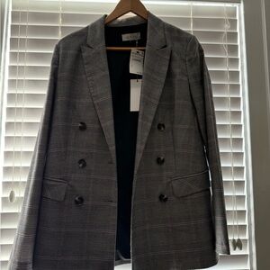 Gray Plaid Double-Breasted Blazer